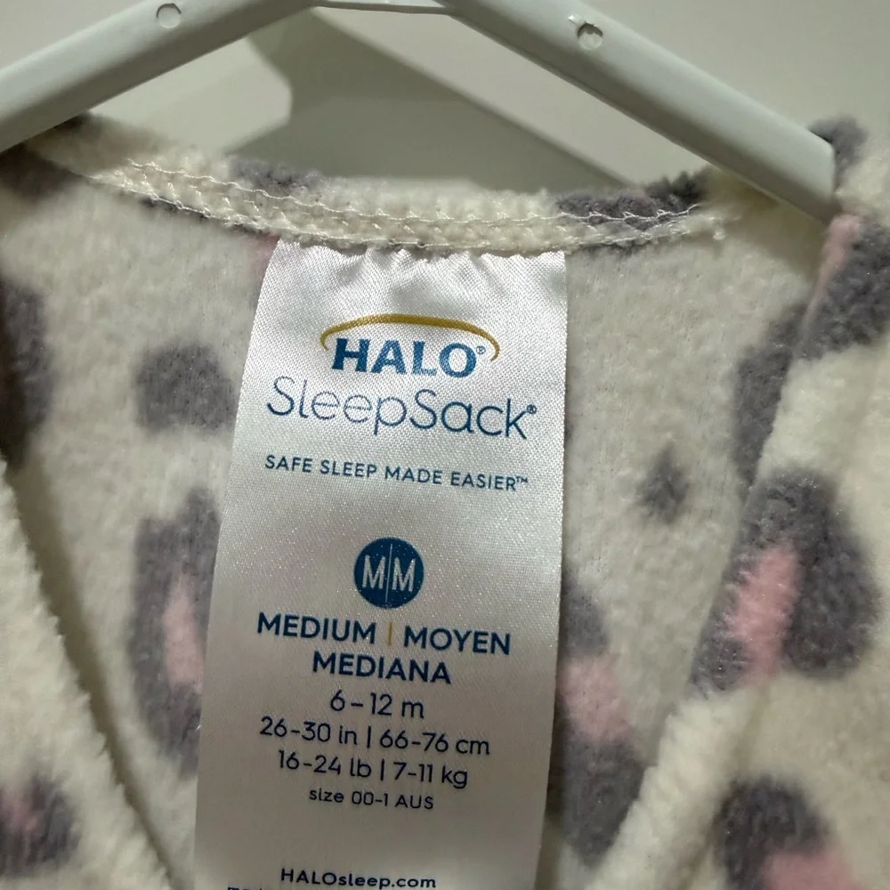Halo Kids Fleece Sleep Sack - White with Pink & Gray Leopard Print